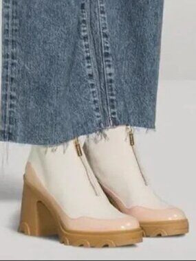 Sorel Brex ankle boots front zip leather white pink platform heel lug sole